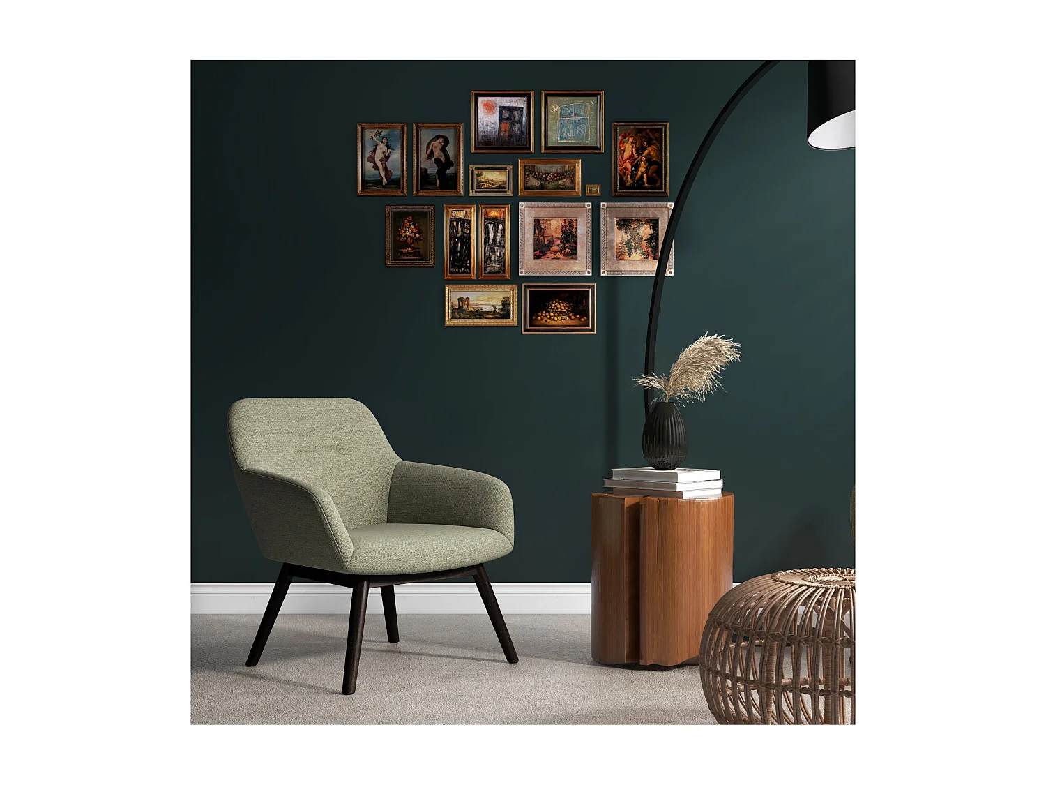 MALMO-Sillón de madera negra y tela Trendy Sauge