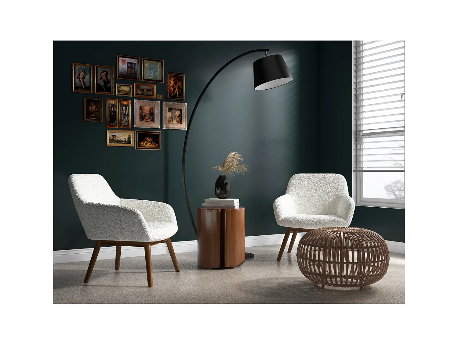 MALMO-Fauteuil en bois patiné noyer et tissu bouclé Ecru