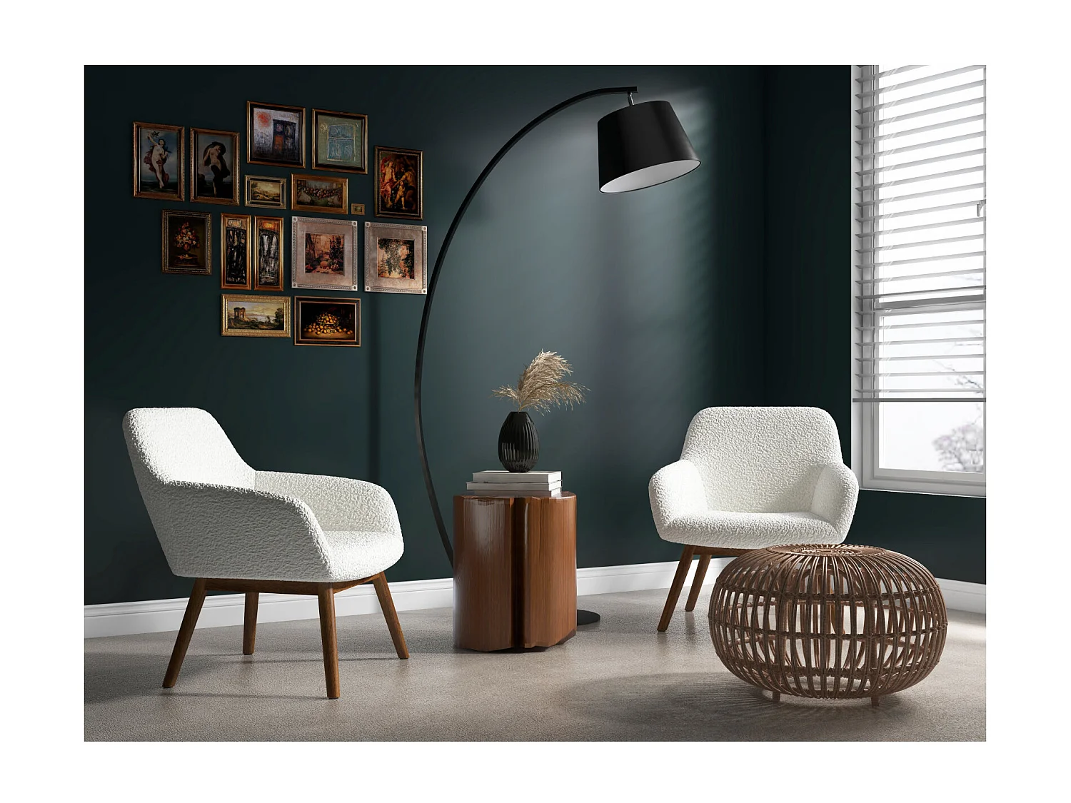 MALMO-Poltrona in legno patinato noce e tessuto bouclé Ecru