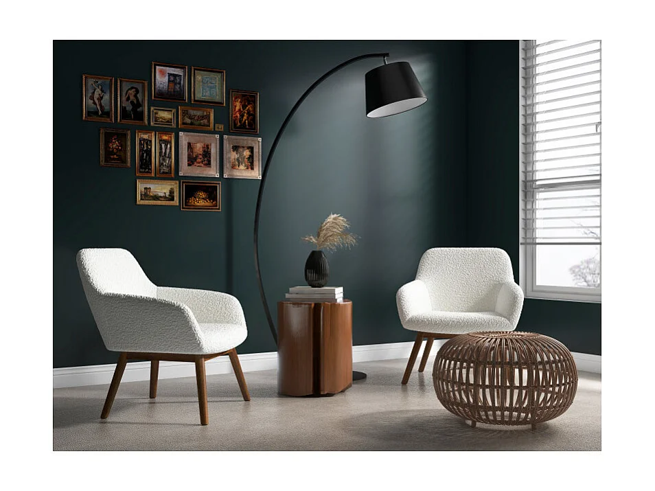 MALMO-Sillón de madera patinada nogal y tejido rizado Ecru