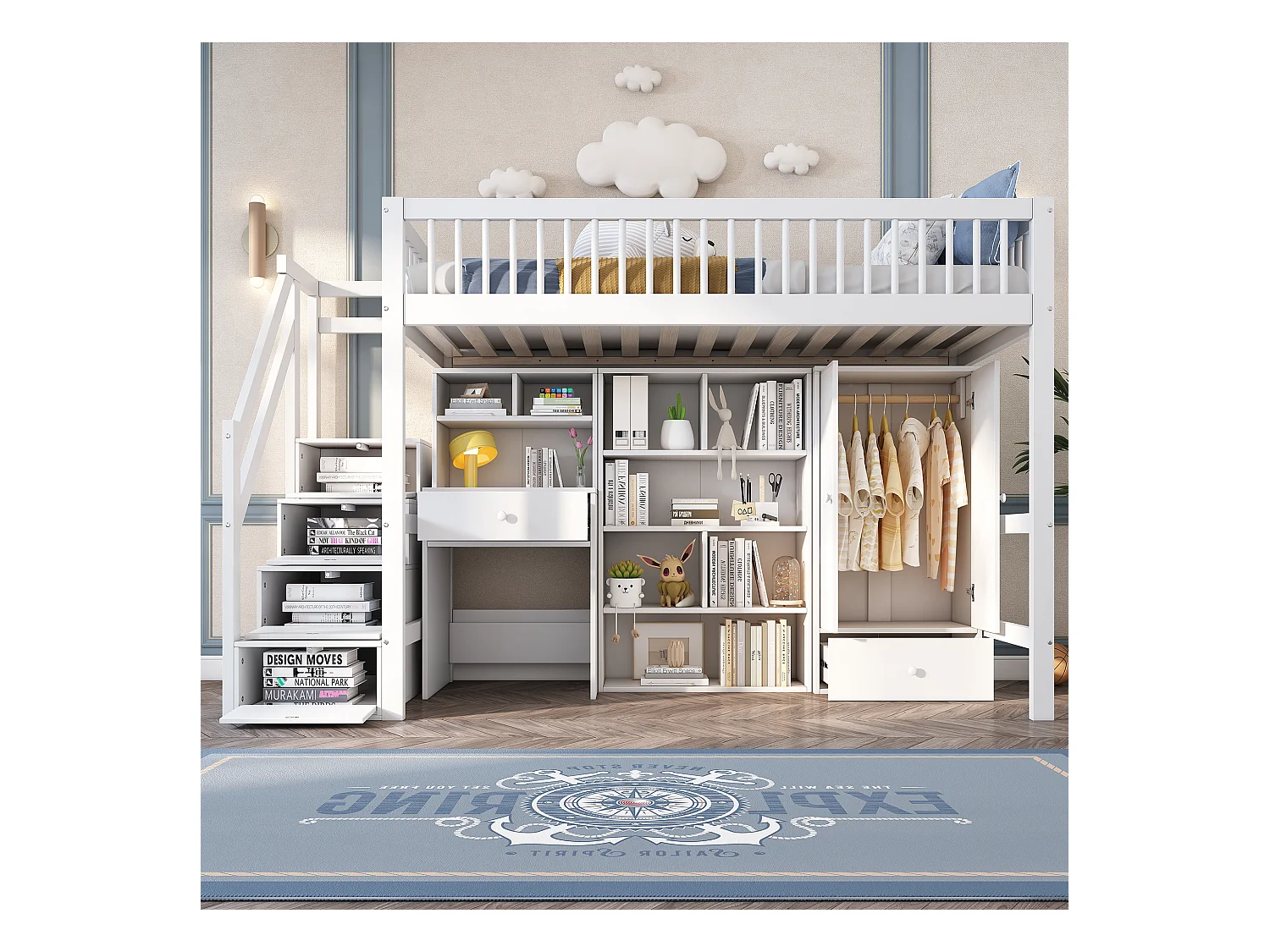 Lit combiné 90x200 cm pour enfant, avec bureau, escalier, casier, armoire – bois massif & MDF, blanc