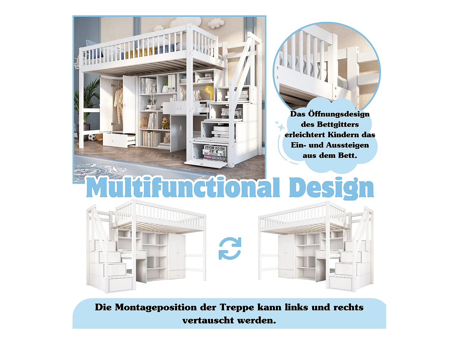 Lit combiné 90x200 cm pour enfant, avec bureau, escalier, casier, armoire – bois massif & MDF, blanc