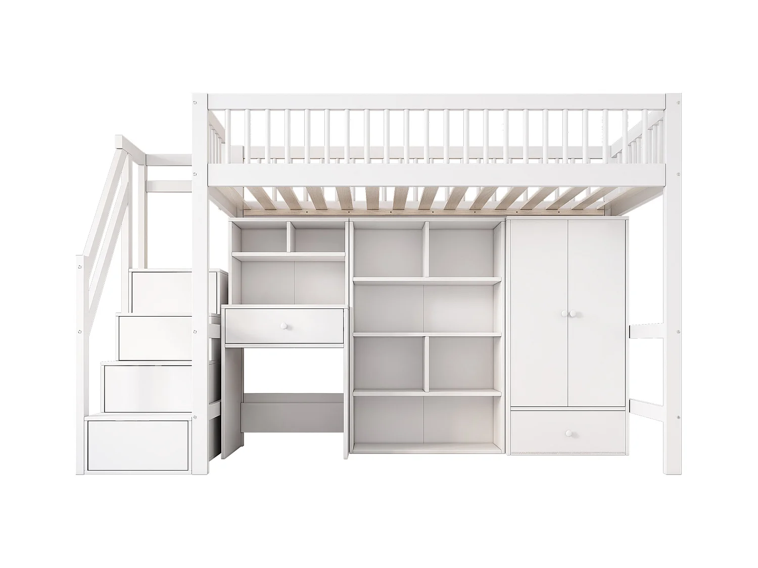 Lit combiné 90x200 cm pour enfant, avec bureau, escalier, casier, armoire – bois massif & MDF, blanc