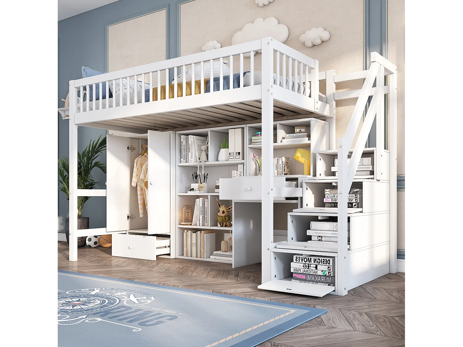 Lit combiné 90x200 cm pour enfant, avec bureau, escalier, casier, armoire – bois massif & MDF, blanc
