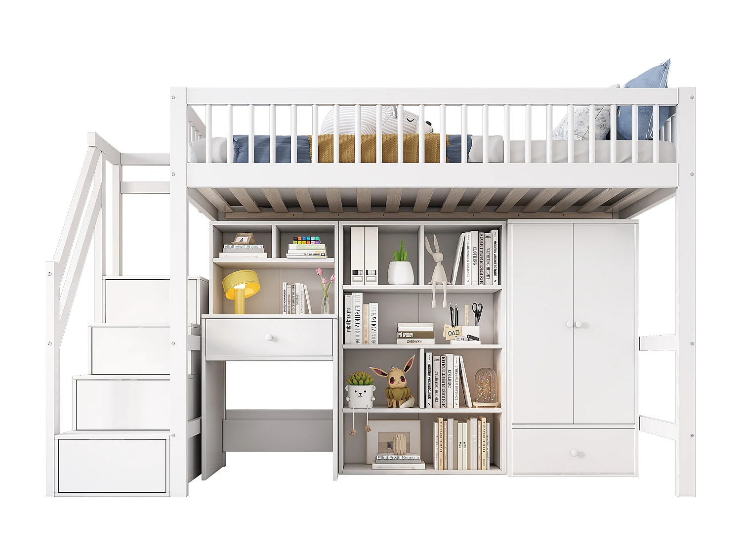 Lit combiné 90x200 cm pour enfant, avec bureau, escalier, casier, armoire – bois massif & MDF, blanc