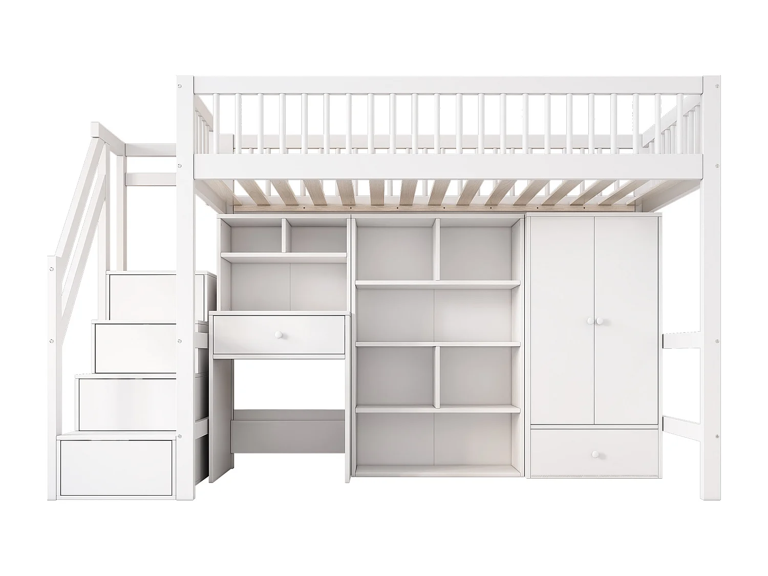 Lit combiné 90x200 cm pour enfant, avec bureau, escalier, casier, armoire – bois massif & MDF, blanc