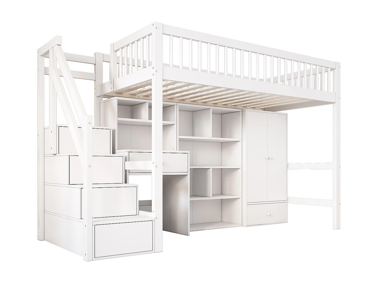 Lit combiné 90x200 cm pour enfant, avec bureau, escalier, casier, armoire – bois massif & MDF, blanc