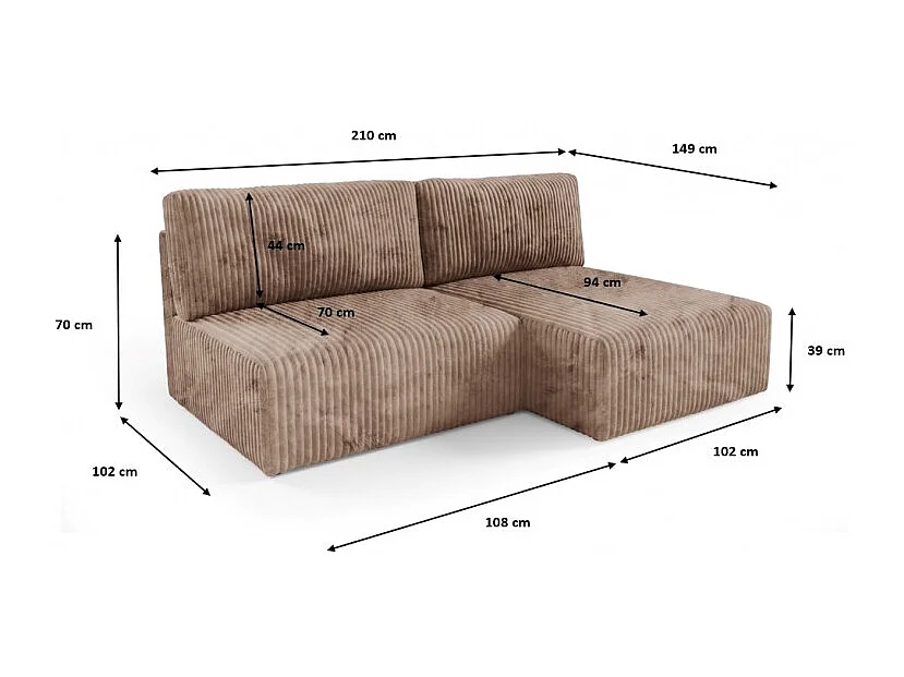 Canapé d'angle convertible BRIGIA en velours côtelé sans accoudoirs