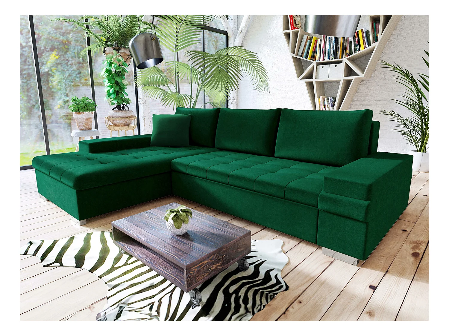 Canapé d'angle Comfivo 121, Vert, Fonction de couchage, Boîte de literie, 274x182x83cm