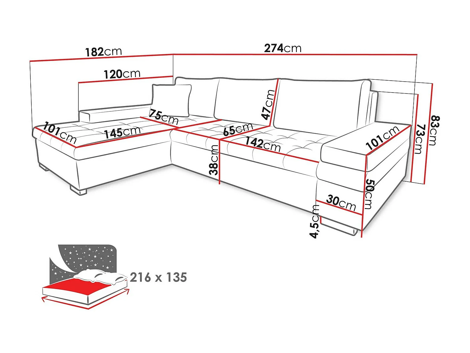 Sofá rinconero Comfivo 121, Verde, Función de descanso, Almacenaje, 274x182x83cm
