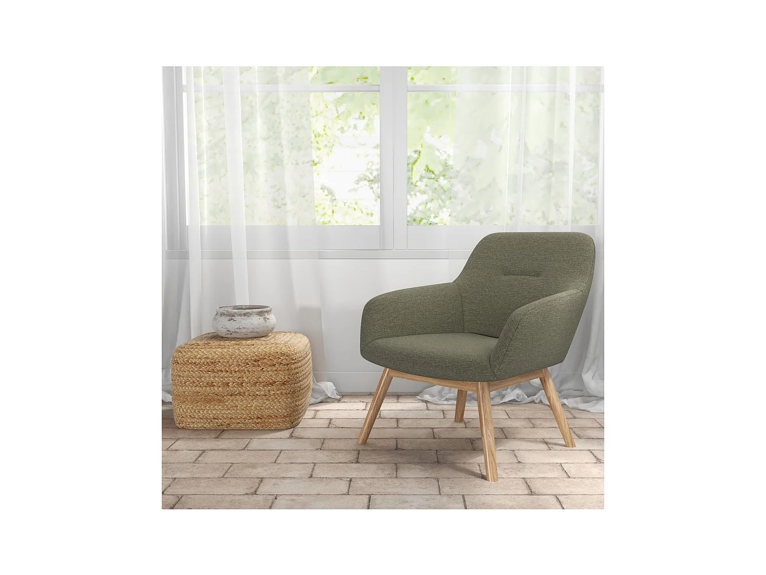 MALMO-Fauteuil en bois naturel et tissu Trendy Sauge