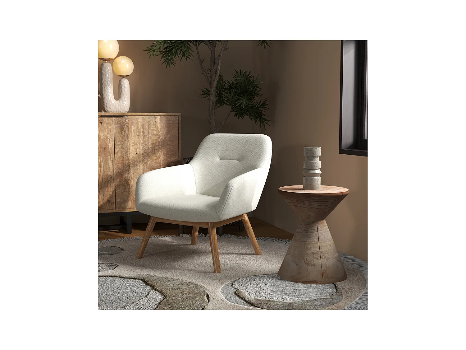 MALMO-Fauteuil en bois naturel et tissu Trendy Beige