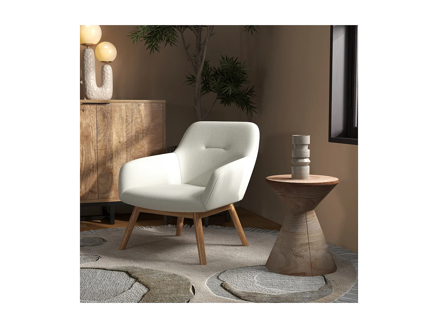 MALMO-Sillón de madera natural y tela Trendy Beige