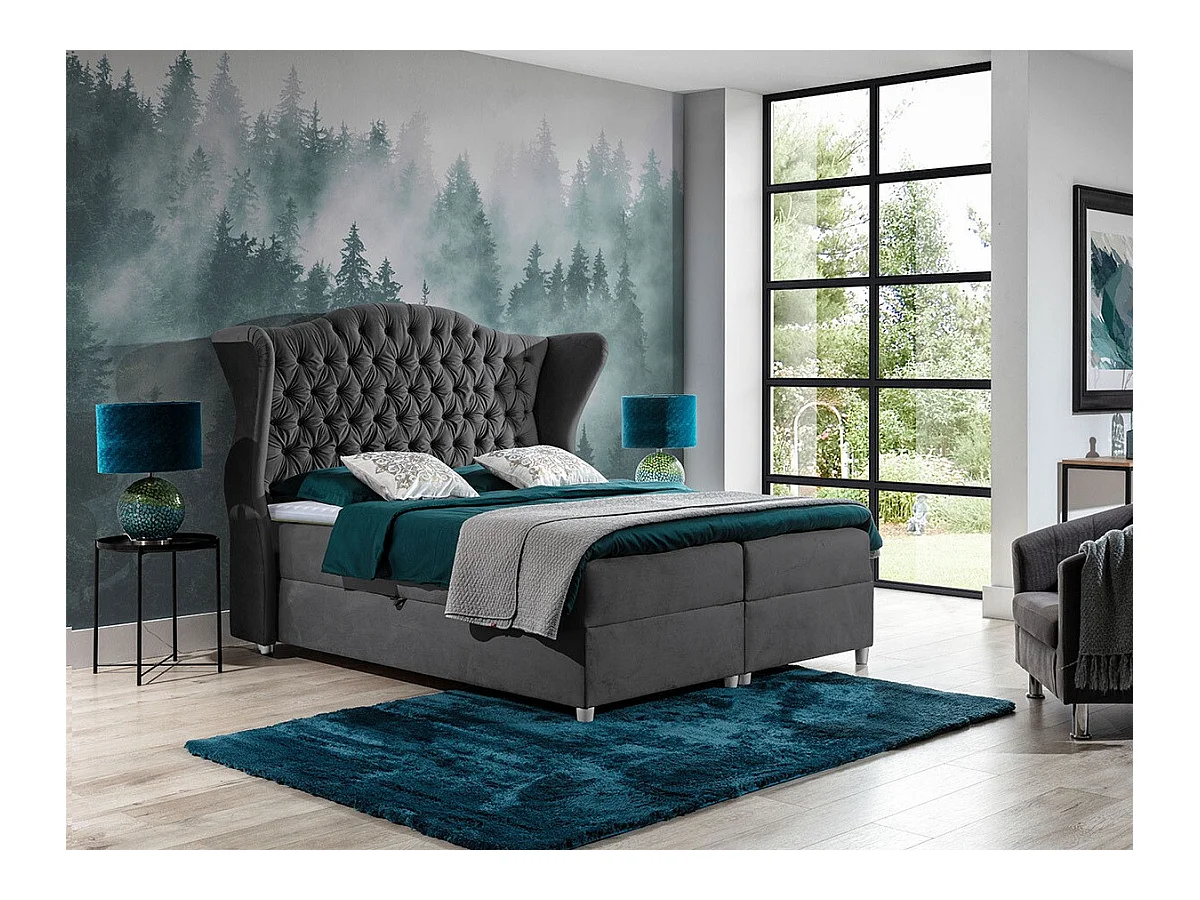 Lit continental Baltimore 145, Continental, Gris, 160x200, Tapisserie, Sommier à lattes,