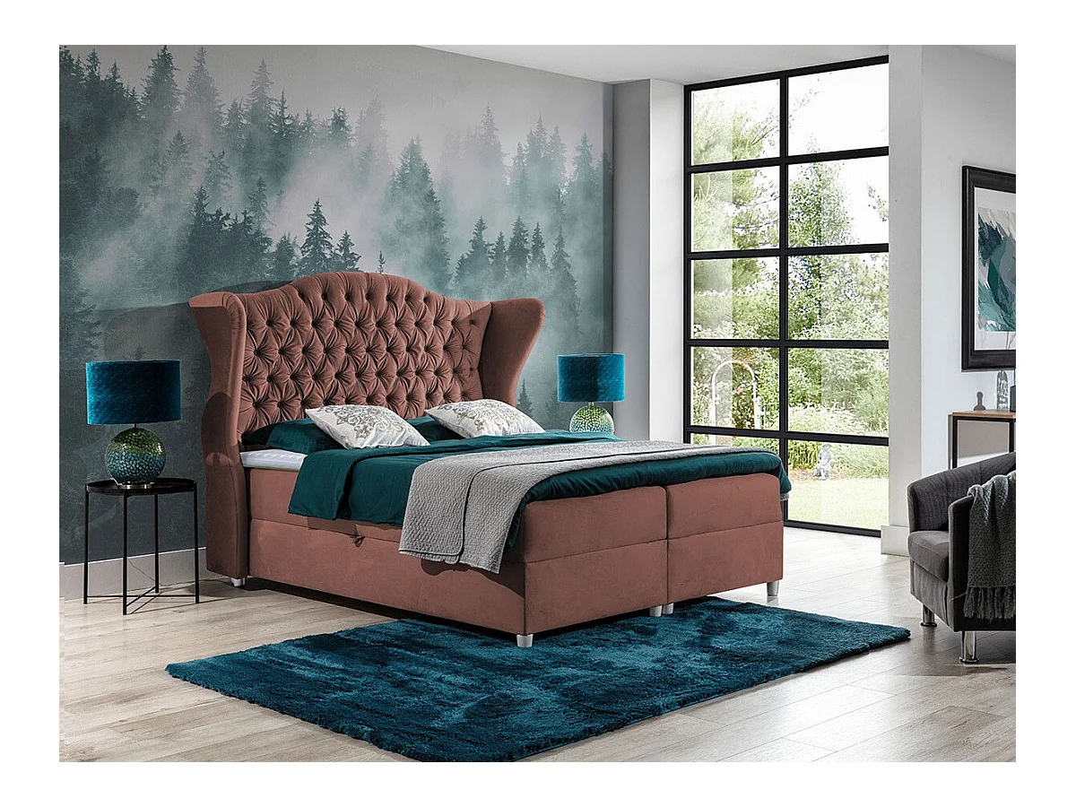 Lit continental Baltimore 145, Continental, Rose, 160x200, Tapisserie, Sommier à lattes,