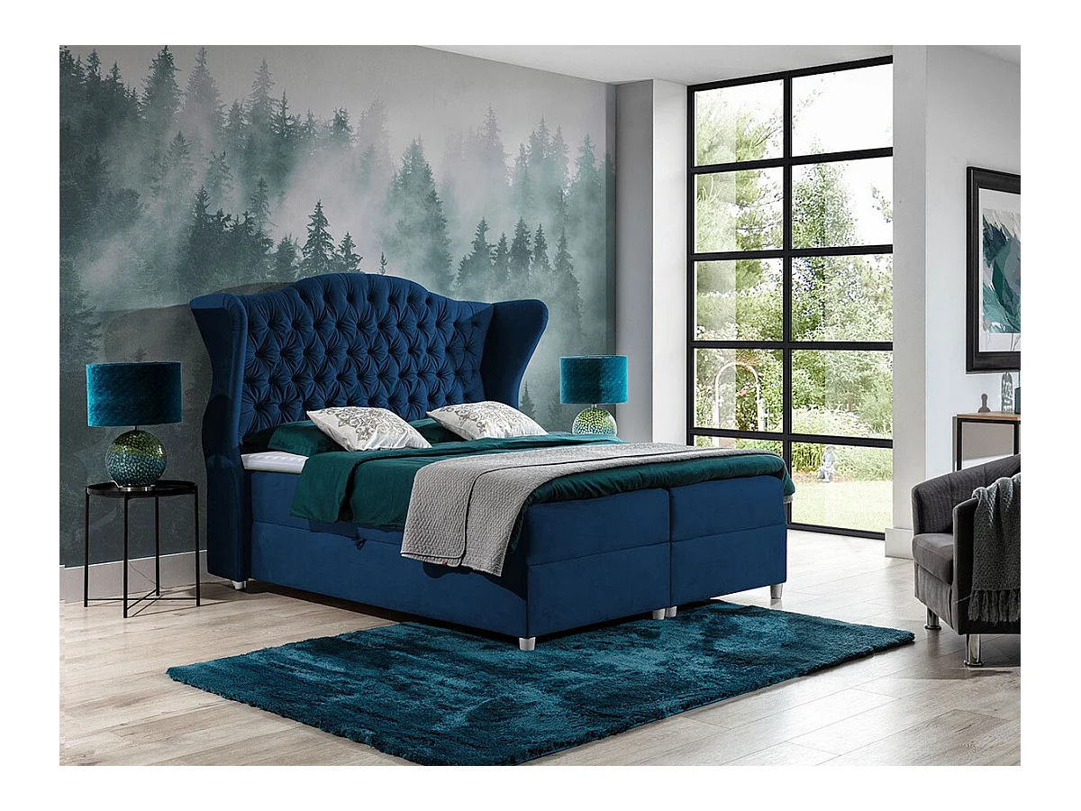 Lit continental Baltimore 145, Continental, Bleu, 160x200, Tapisserie, Sommier à lattes,