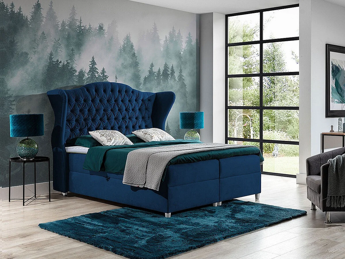 Lit continental Baltimore 145, Continental, Bleu, 160x200, Tissu, Disponible, 198x210cm