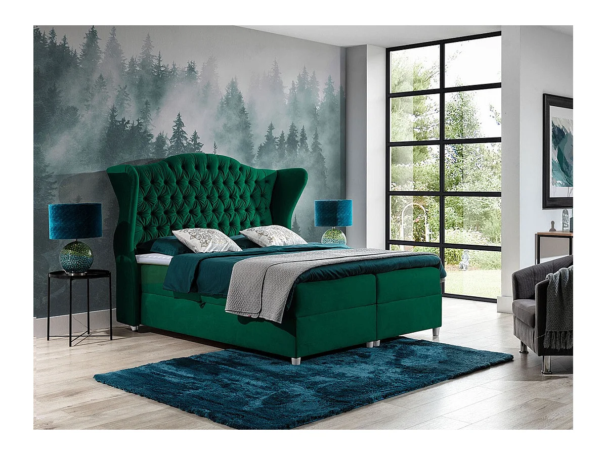 Lit continental Baltimore 145, Continental, Vert, 160x200, Tapisserie, Sommier à lattes,