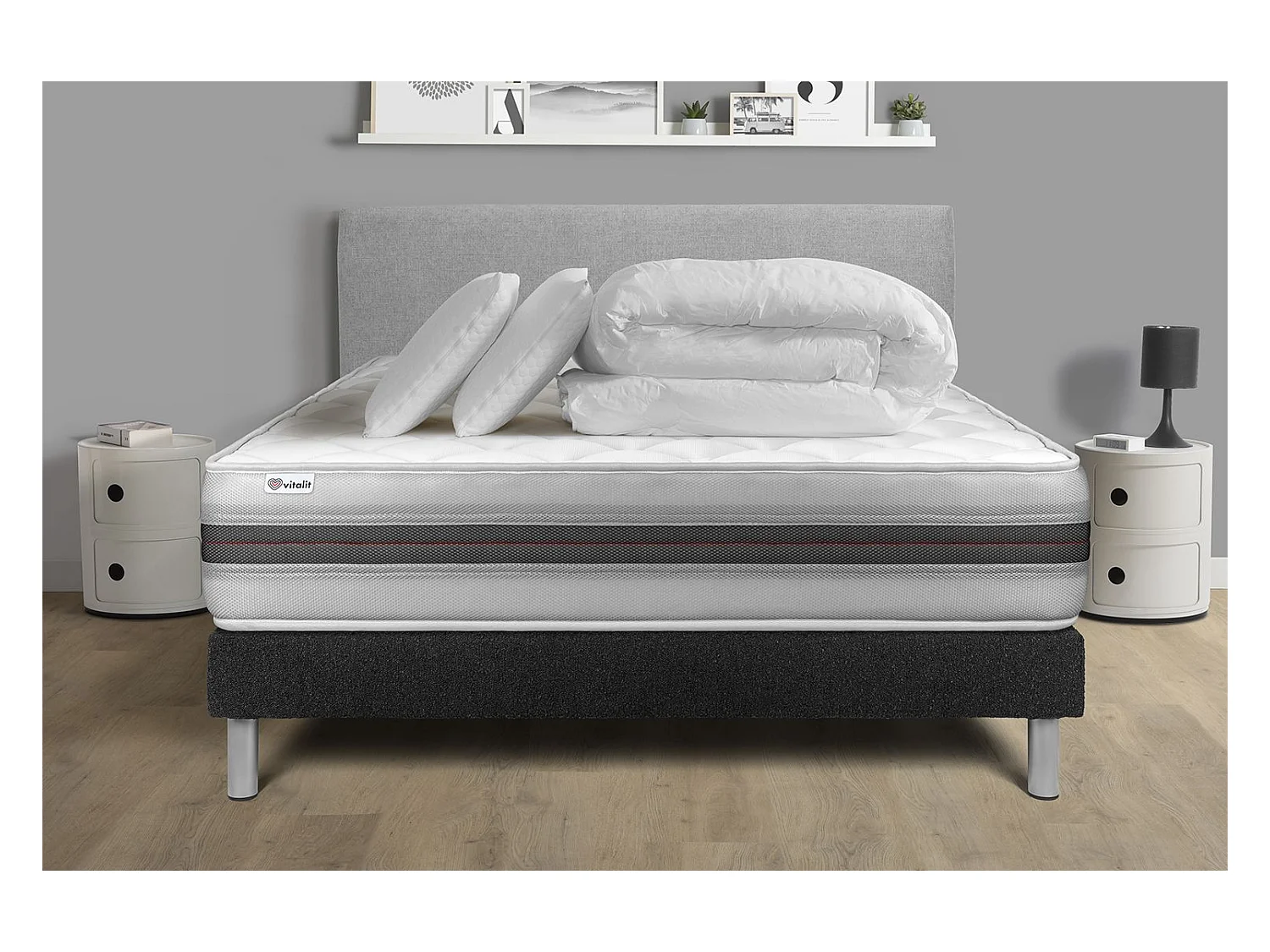 Pack lit complet - Matelas 160x200 cm + Sommier tapissier à lattes (en kit) + 2 oreillers + Couette - Vitalmemo Back
