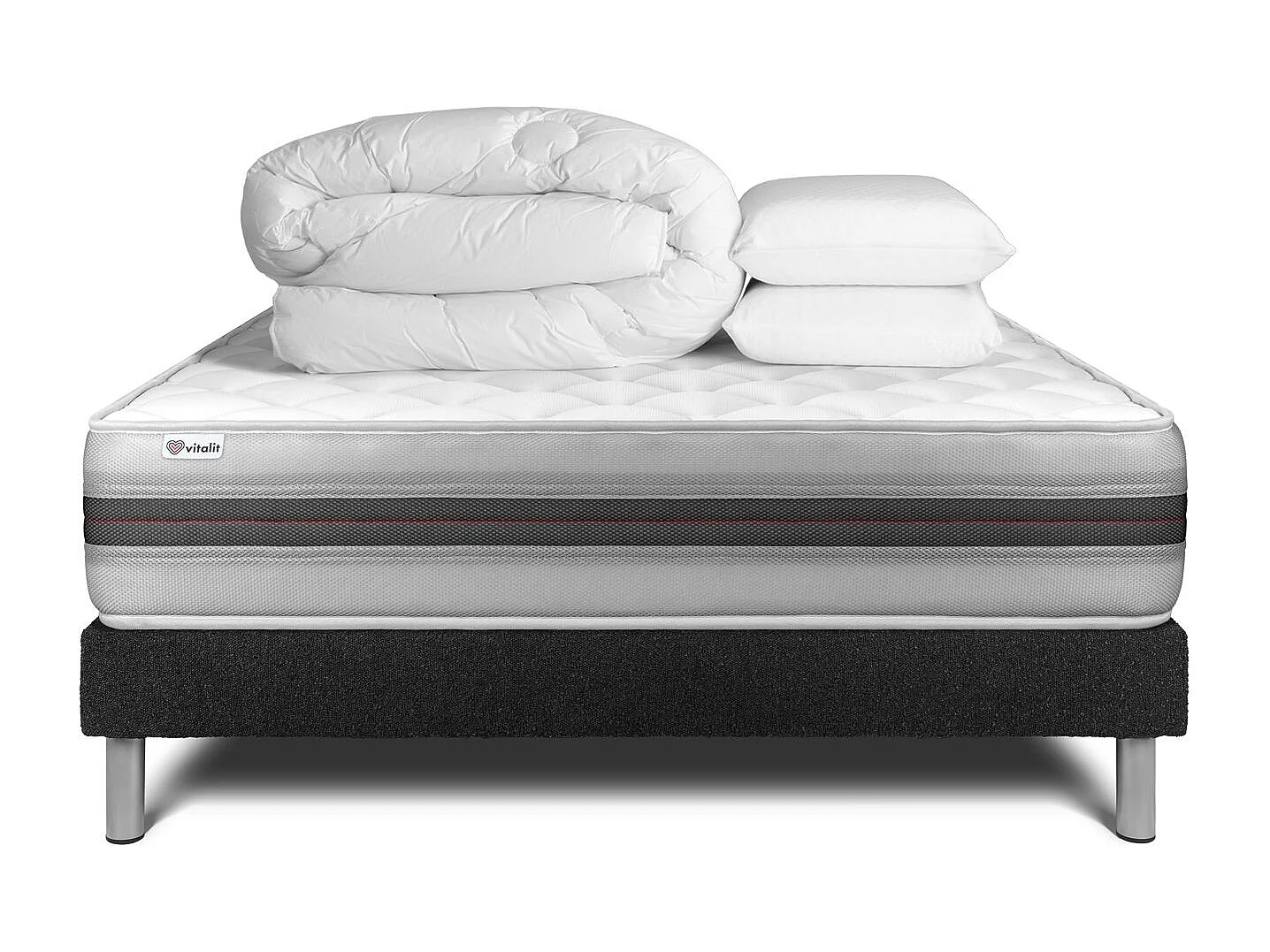 Pack lit complet - Matelas 160x200 cm + Sommier tapissier à lattes (en kit) + 2 oreillers + Couette - Vitalmemo Back