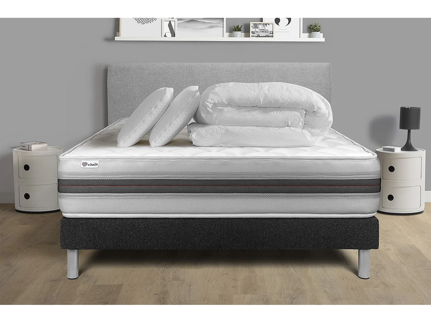 Pack lit complet - Matelas 160x200 cm + Sommier tapissier à lattes (en kit) + 2 oreillers + Couette - Vitalmemo Back