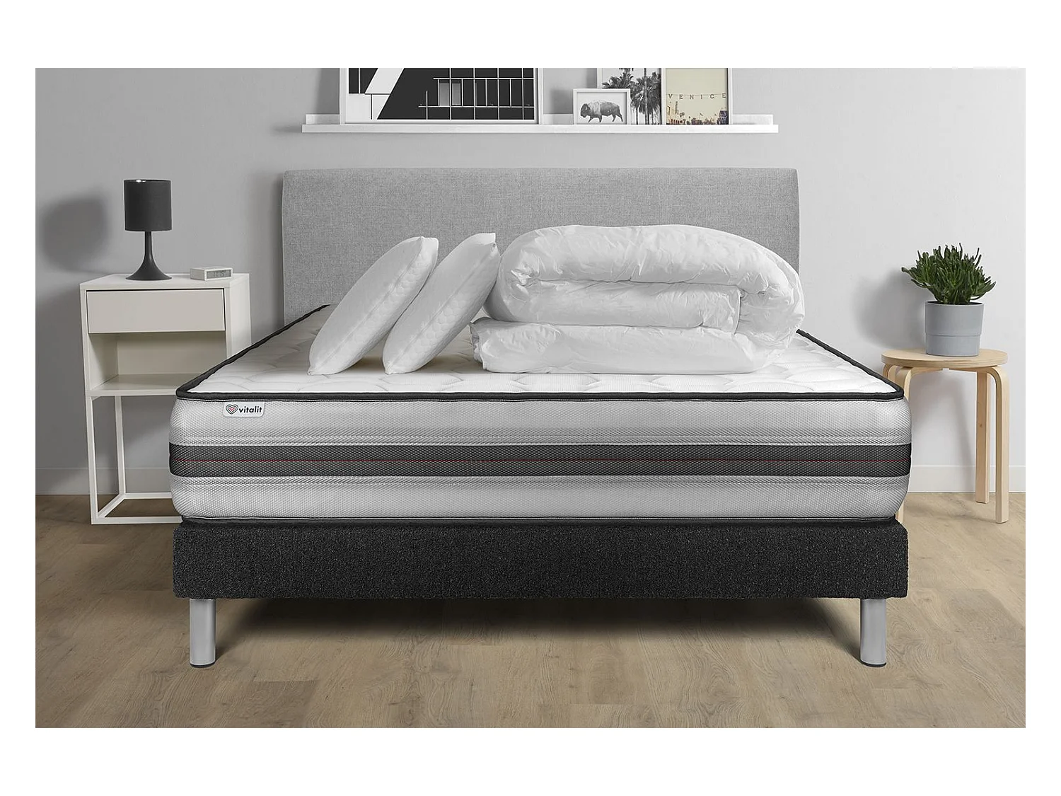 Pack lit complet - Matelas 180x200 cm + Sommier tapissier à lattes (en kit) + 2 oreillers + Couette - Vitalpower Recover
