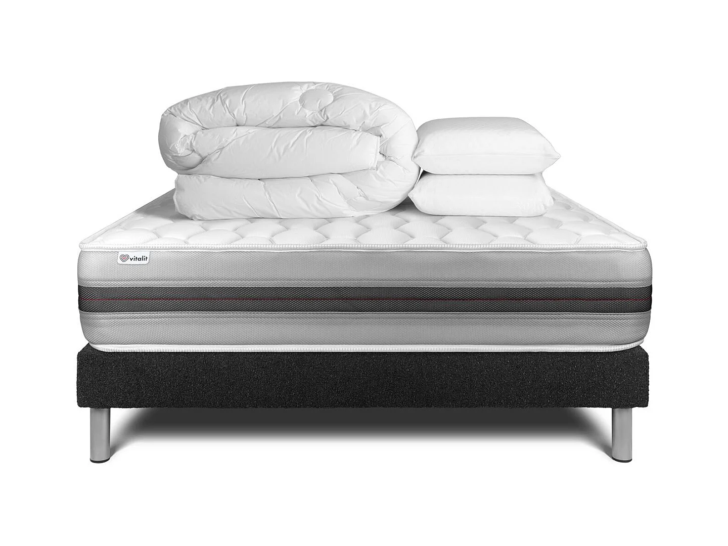 Pack lit complet - Matelas 160x200 cm + Sommier tapissier à lattes (en kit) + 2 oreillers + Couette - Vitalspring Recover