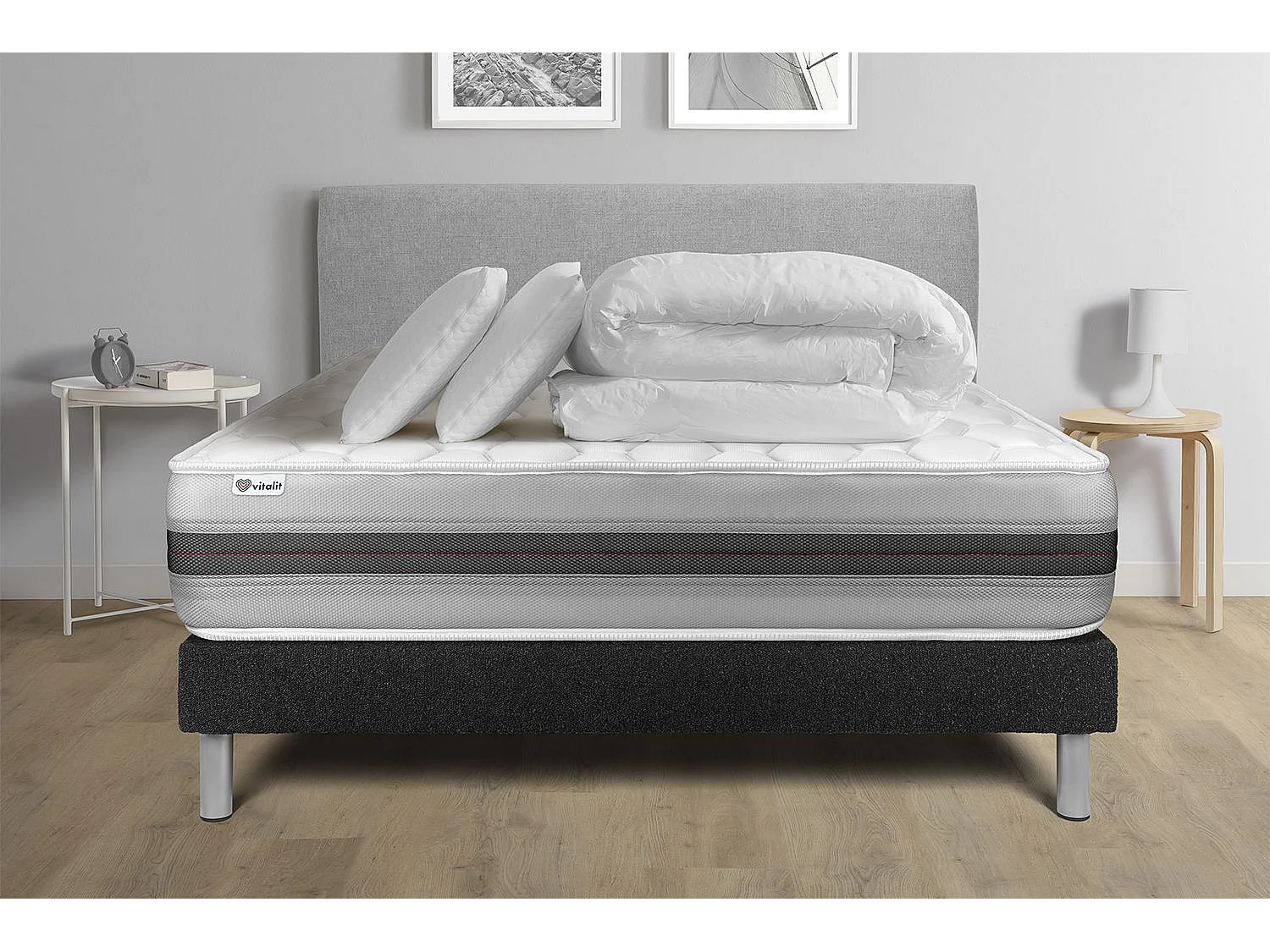 Pack lit complet - Matelas 160x200 cm + Sommier tapissier à lattes (en kit) + 2 oreillers + Couette - Vitalspring Recover