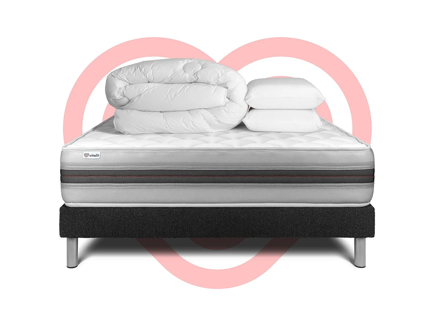 Pack lit complet - Matelas 180x200 cm + Sommier tapissier à lattes (en kit) + 2 oreillers + Couette - Vitalmemo Back