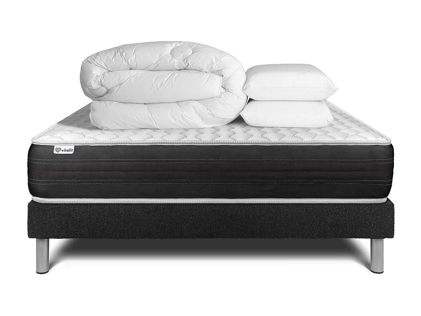 Pack lit complet - Matelas 160x200 cm + Sommier tapissier à lattes (en kit) + 2 oreillers + Couette - Vitalspring