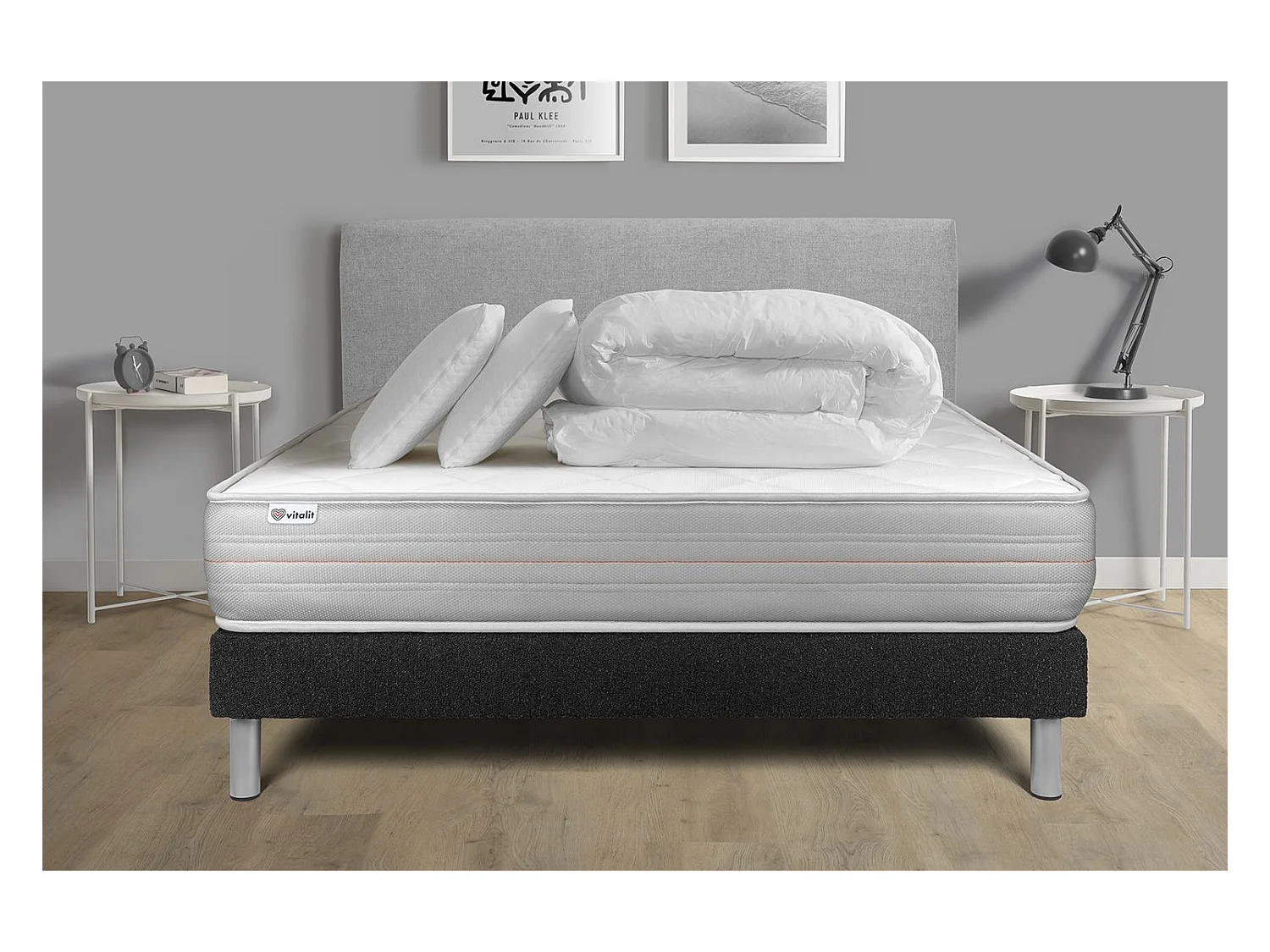 Pack lit complet - Matelas 160x200 cm + Sommier tapissier à lattes (en kit) + 2 oreillers + Couette - Vitalmemo