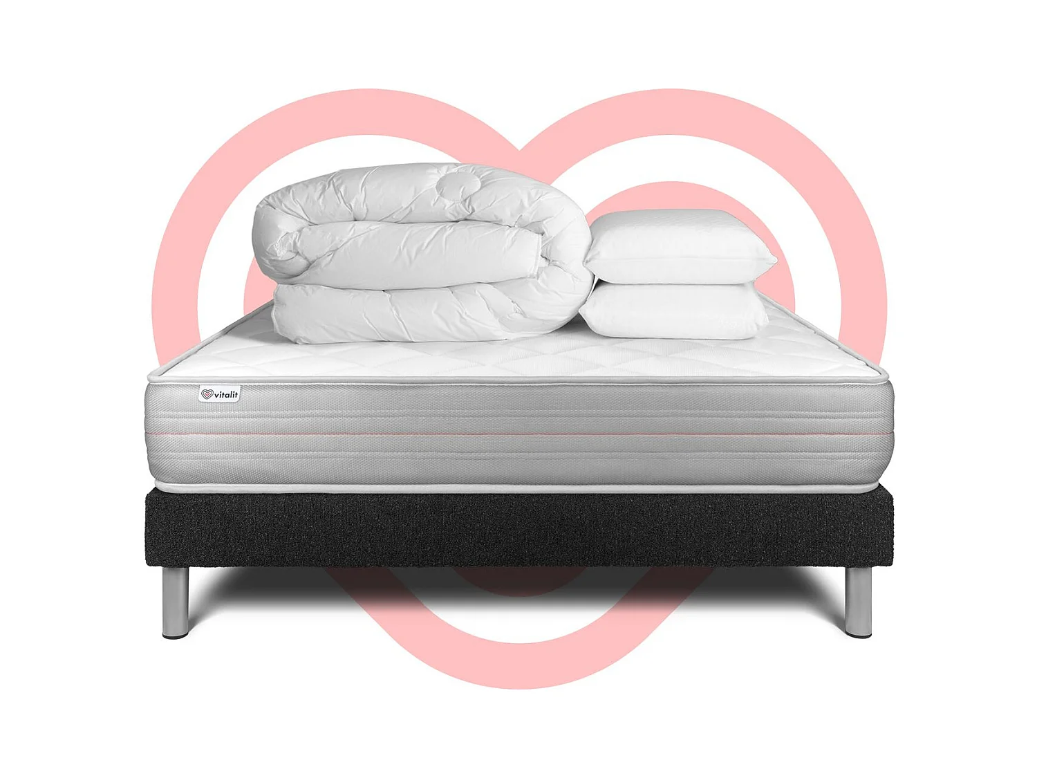 Pack lit complet - Matelas 160x200 cm + Sommier tapissier à lattes (en kit) + 2 oreillers + Couette - Vitalmemo