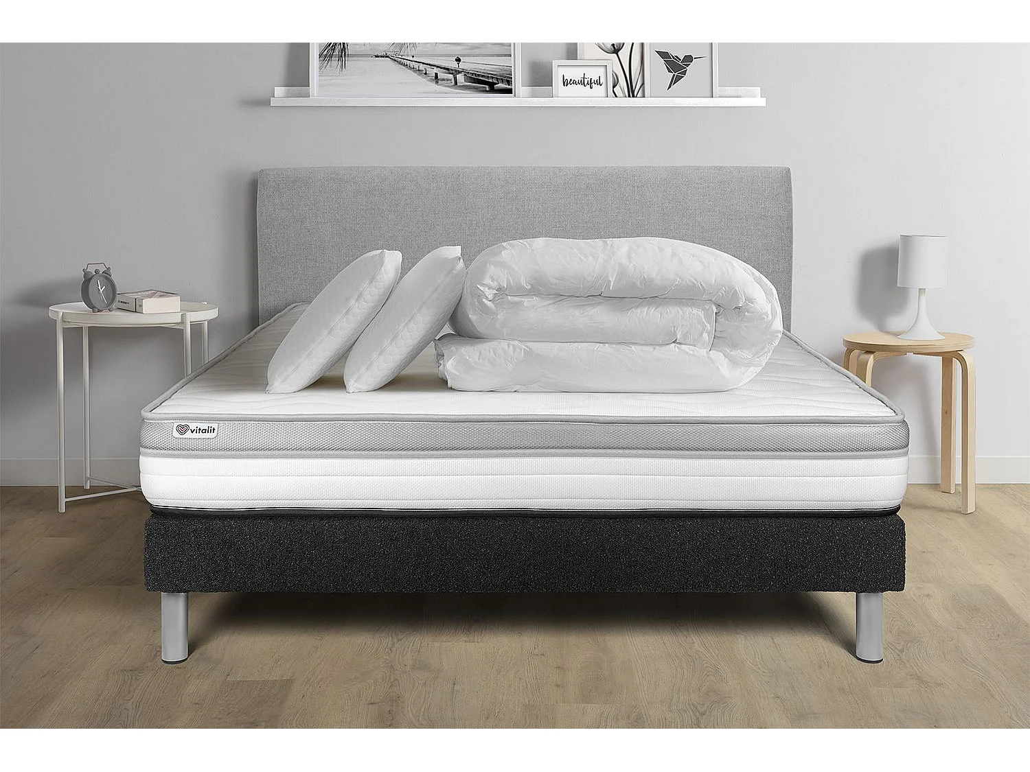 Pack lit complet - Matelas 160x200 cm + Sommier tapissier à lattes (en kit) + 2 oreillers + Couette - Vital Relax
