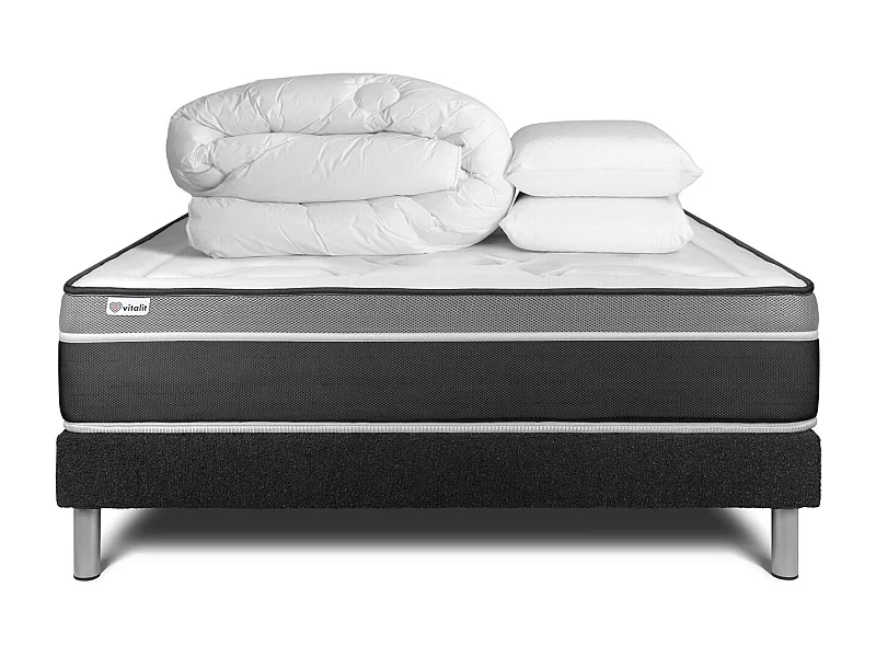 Pack lit complet - Matelas 180x200 cm + Sommier tapissier à lattes (en kit) + 2 oreillers + Couette - Vital Care