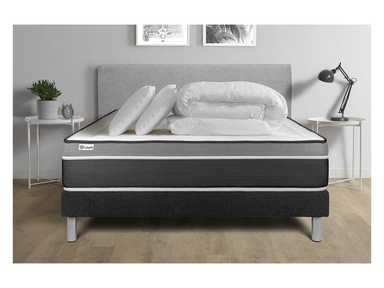 Pack lit complet - Matelas 180x200 cm + Sommier tapissier à lattes (en kit) + 2 oreillers + Couette - Vital Care