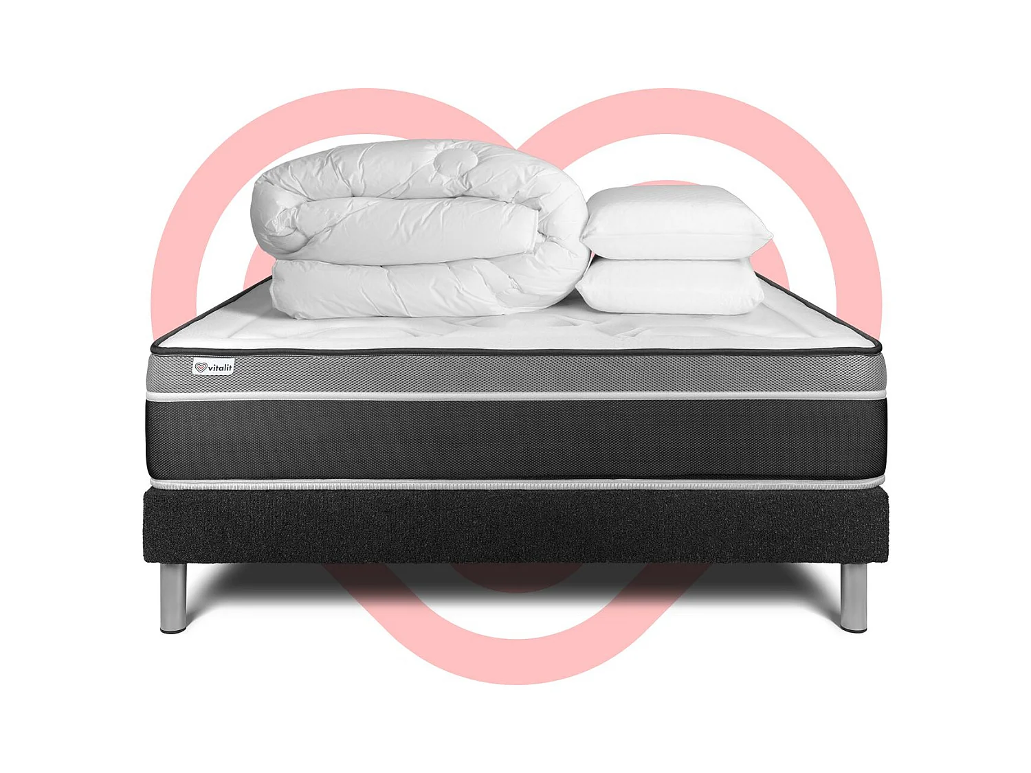 Pack lit complet - Matelas 180x200 cm + Sommier tapissier à lattes (en kit) + 2 oreillers + Couette - Vital Care