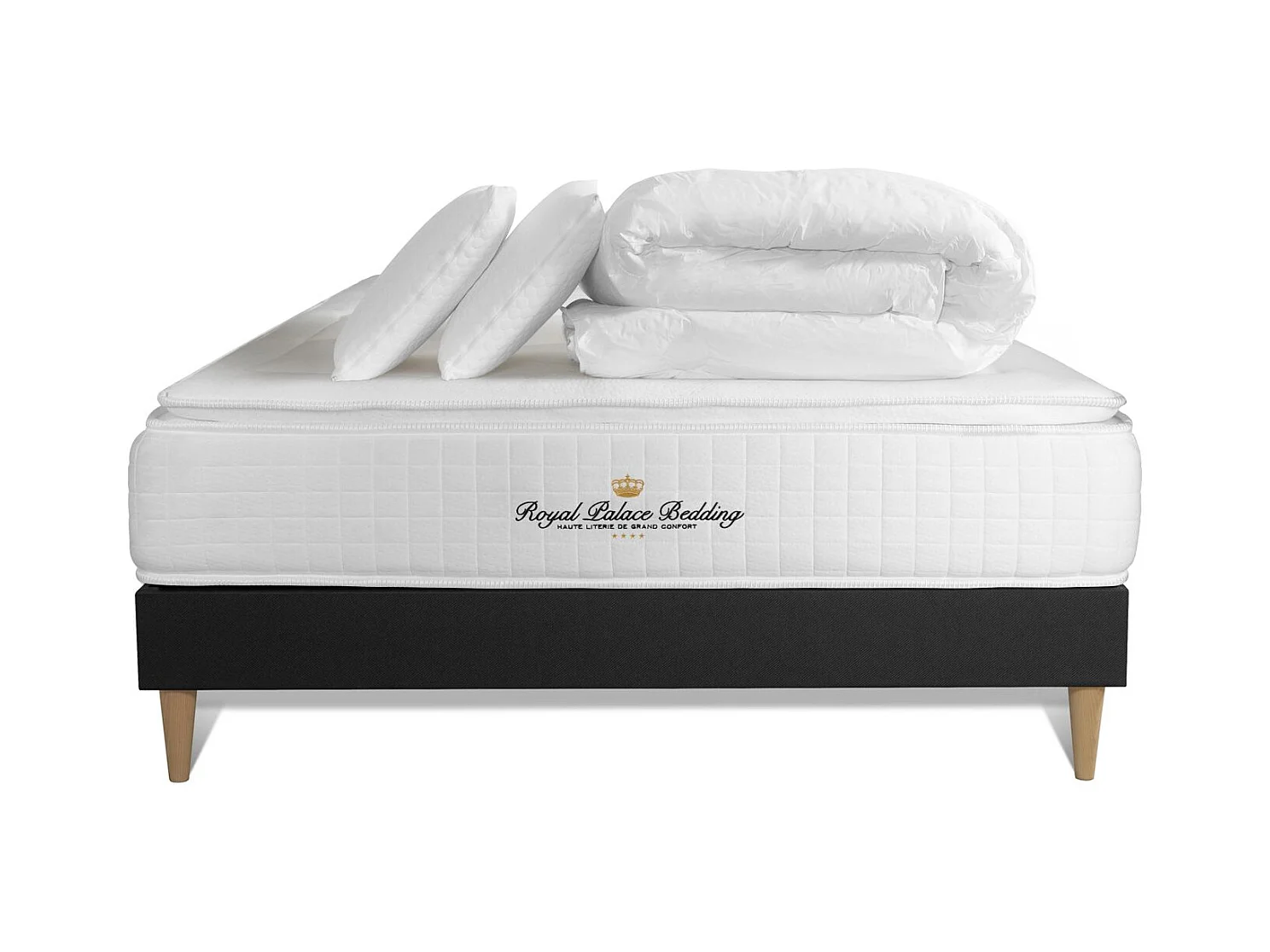 Pack lit complet - Matelas 160x200 cm + Sommier tapissier à lattes (en kit) + 2 oreillers + Couette - George V