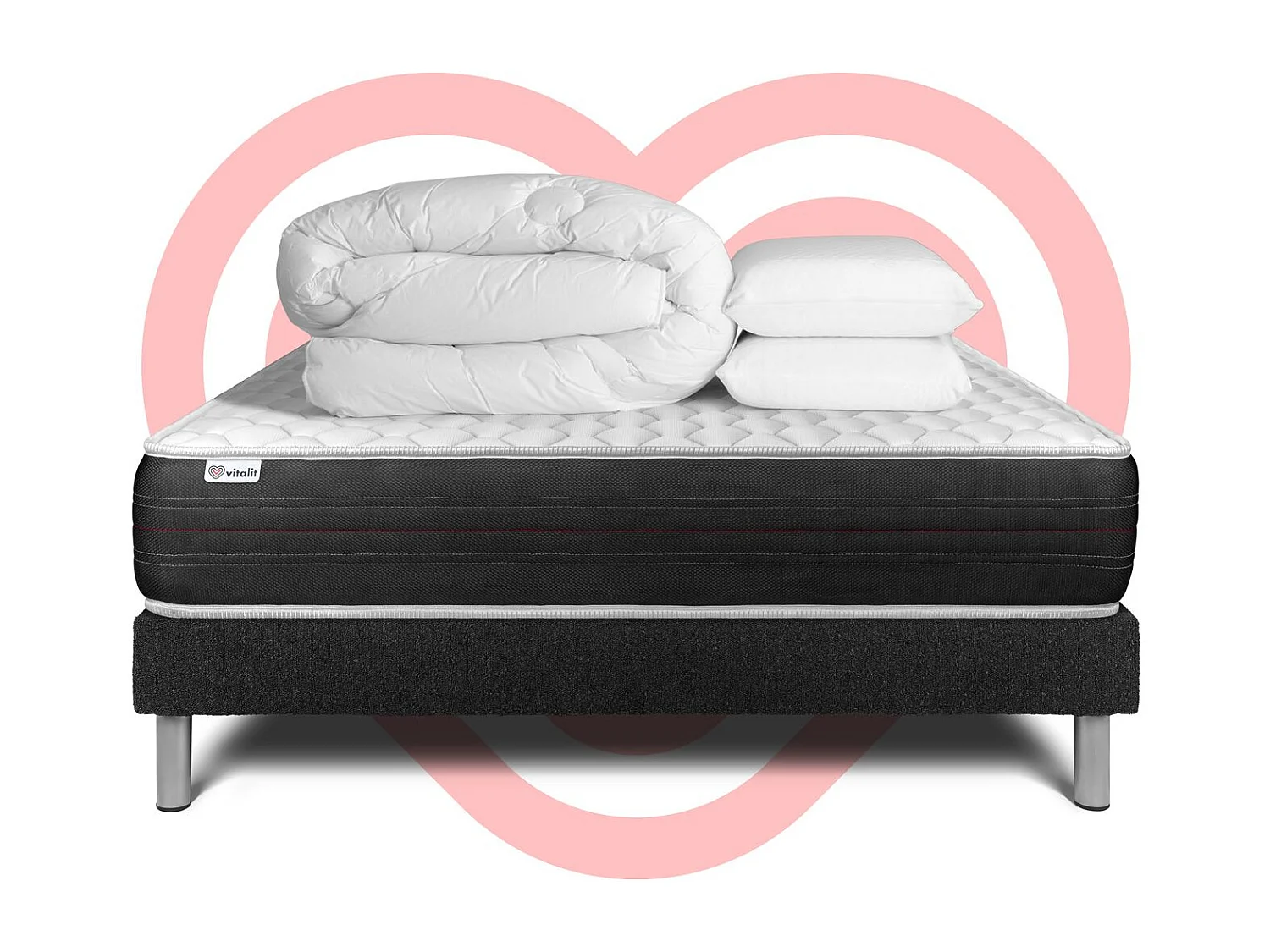 Pack lit complet - Matelas 180x200 cm + Sommier tapissier à lattes (en kit) + 2 oreillers + Couette - Vitalspring