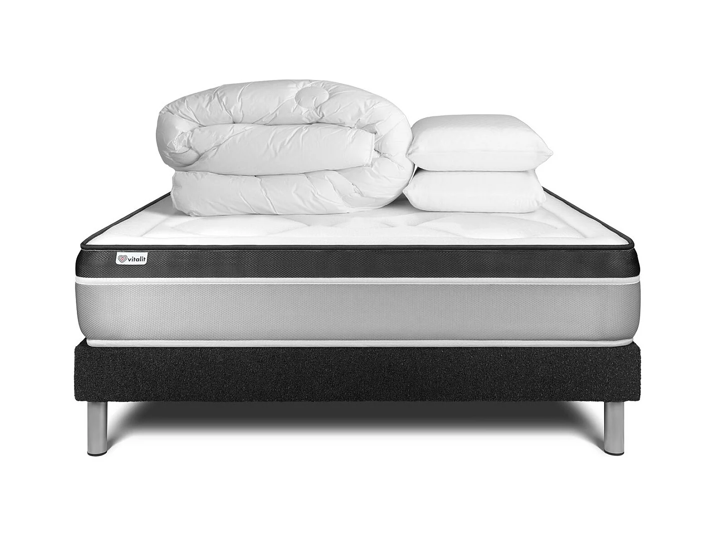 Pack lit complet - Matelas 160x200 cm + Sommier tapissier à lattes (en kit) + 2 oreillers + Couette - Vital Ergo