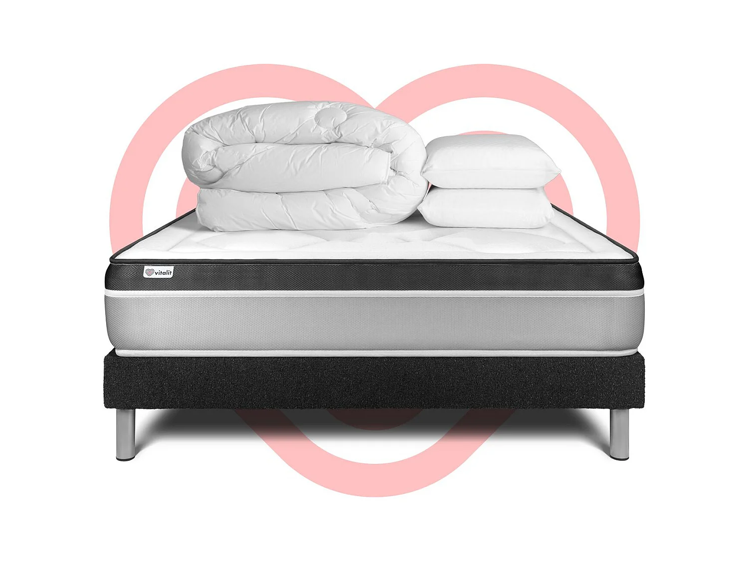 Pack lit complet - Matelas 160x200 cm + Sommier tapissier à lattes (en kit) + 2 oreillers + Couette - Vital Ergo