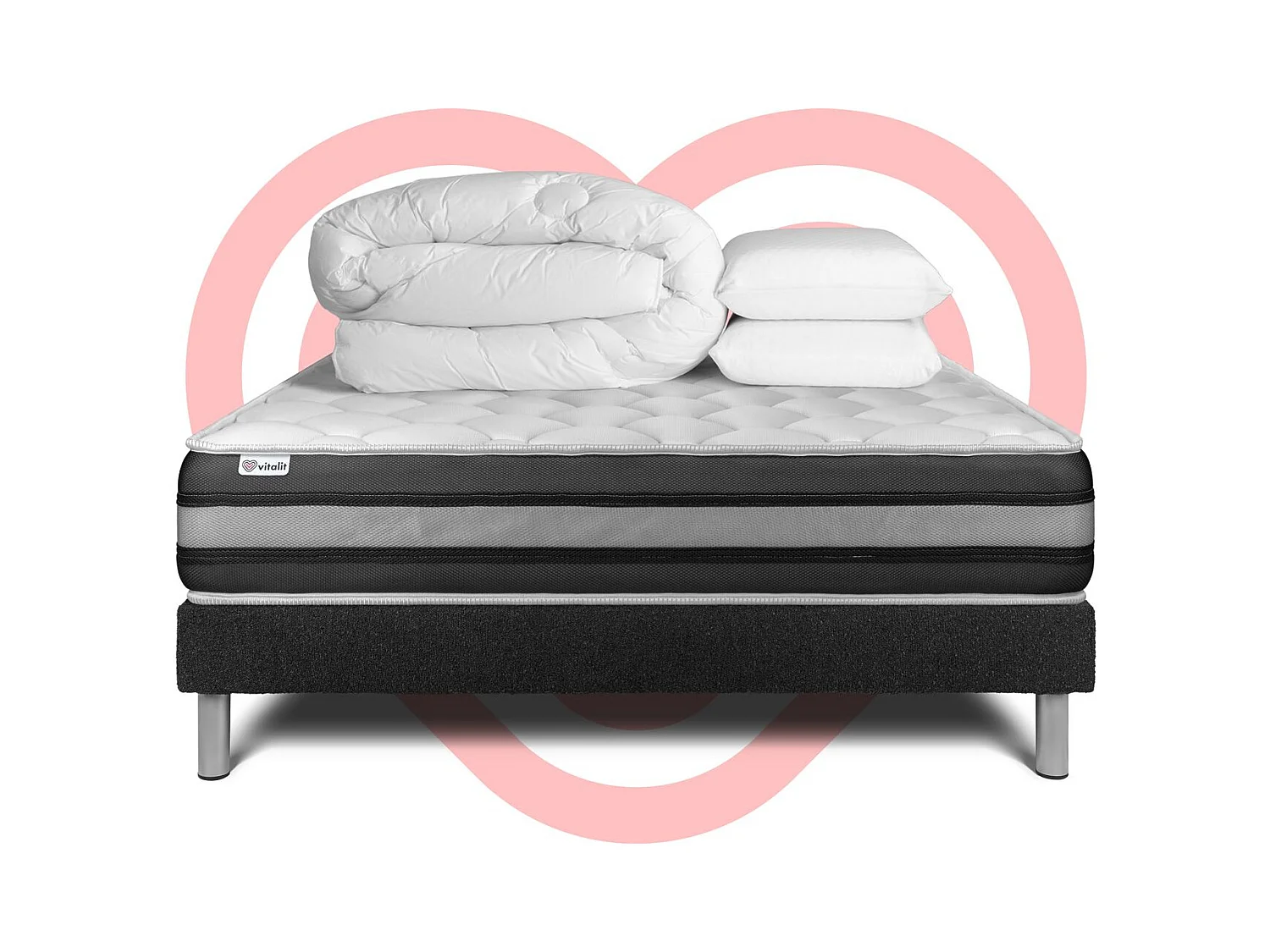 Pack lit complet - Matelas 180x200 cm + Sommier tapissier à lattes (en kit) + 2 oreillers + Couette - Vitalspring Zen
