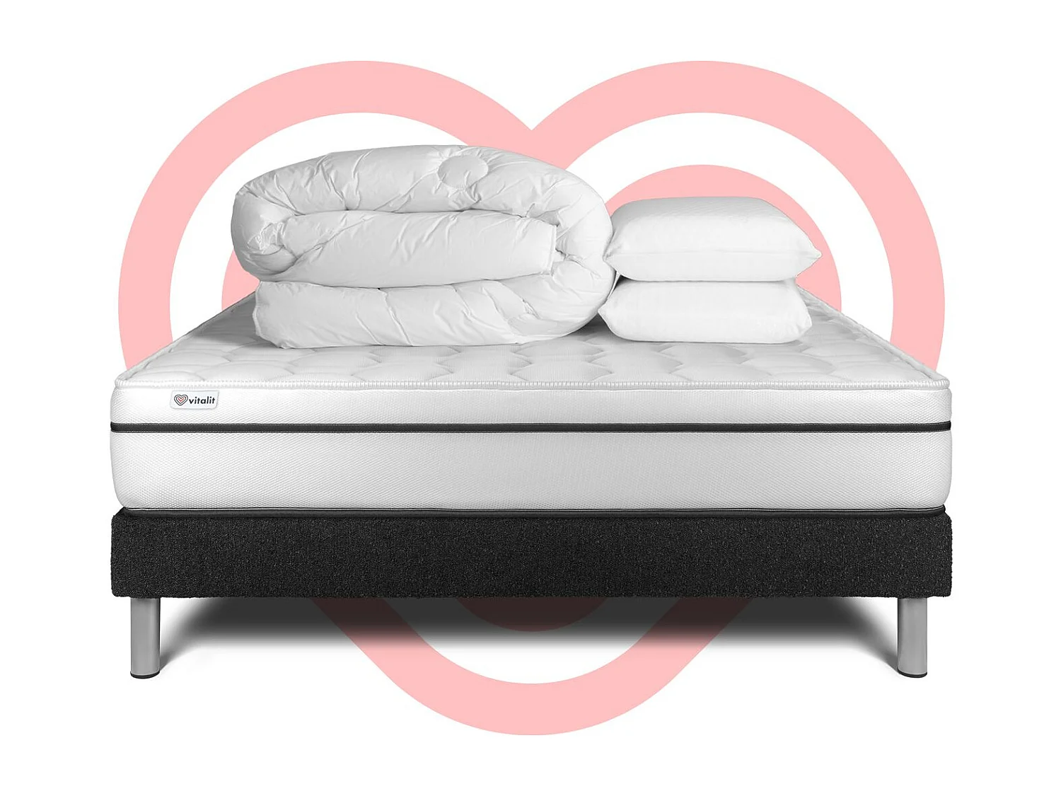 Pack lit complet - Matelas 160x200 cm + Sommier tapissier à lattes (en kit) + 2 oreillers + Couette - Vital Spa