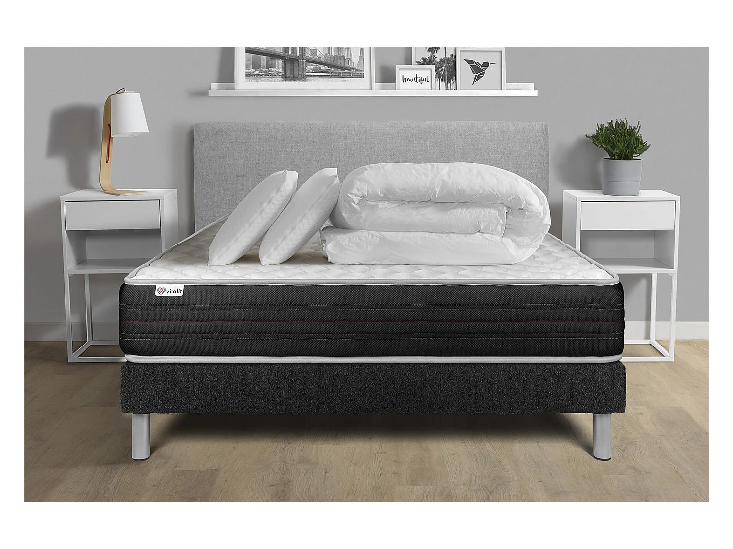 Pack lit complet - Matelas 160x200 cm + Sommier tapissier à lattes (en kit) + 2 oreillers + Couette - Vitalmemo One