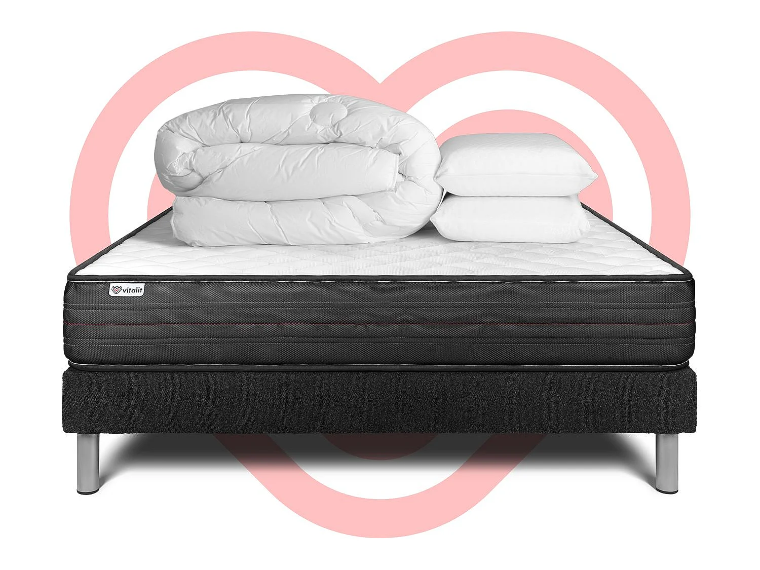 Pack lit complet - Matelas 180x200 cm + Sommier tapissier à lattes (en kit) + 2 oreillers + Couette - Vitalpower