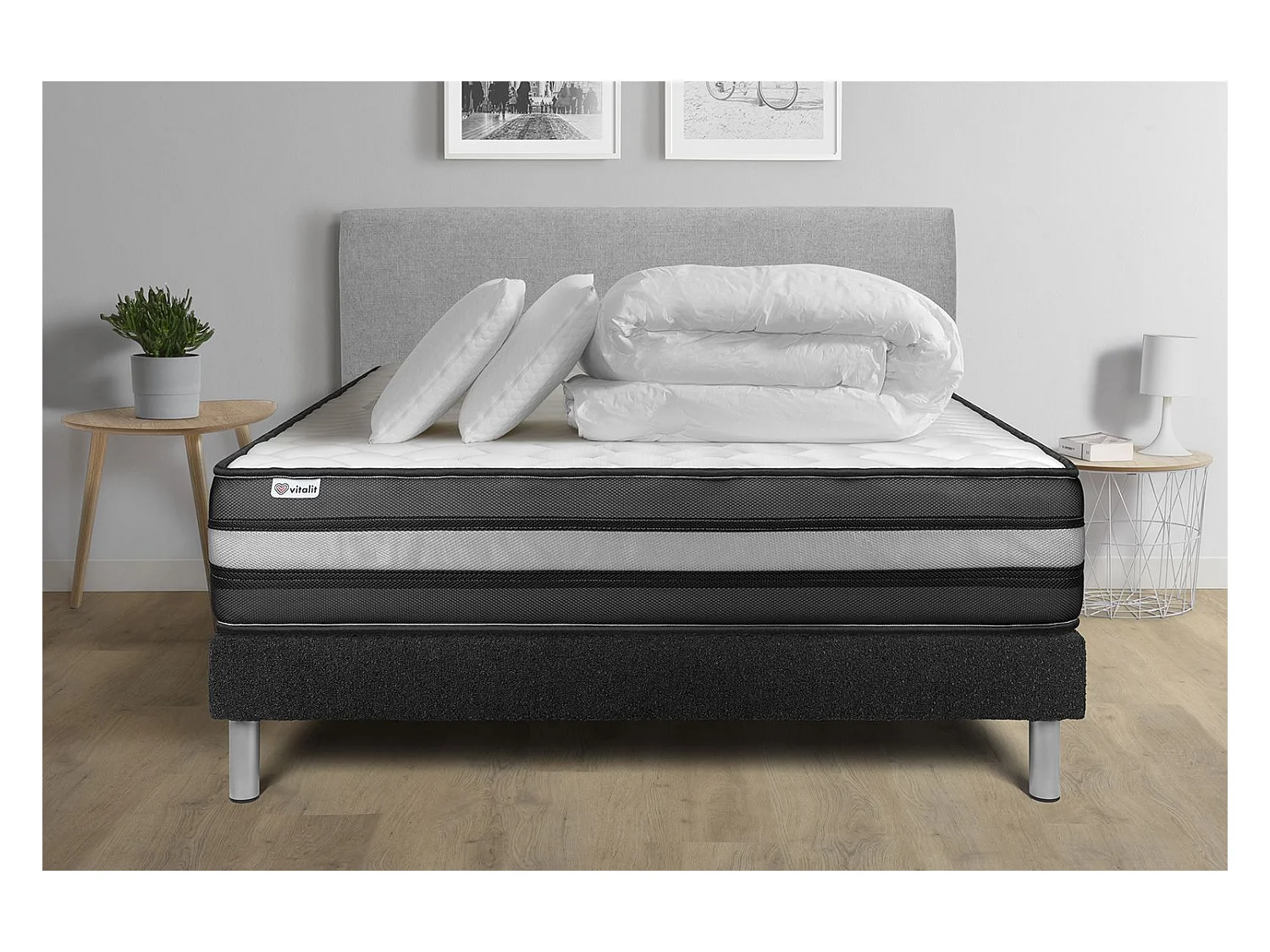 Pack lit complet - Matelas 180x200 cm + Sommier tapissier à lattes (en kit) + 2 oreillers + Couette - Vital Power Zen