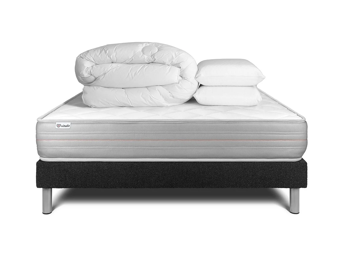 Pack lit complet - Matelas 180x200 cm + Sommier tapissier à lattes (en kit) + 2 oreillers + Couette - Vitalmemo