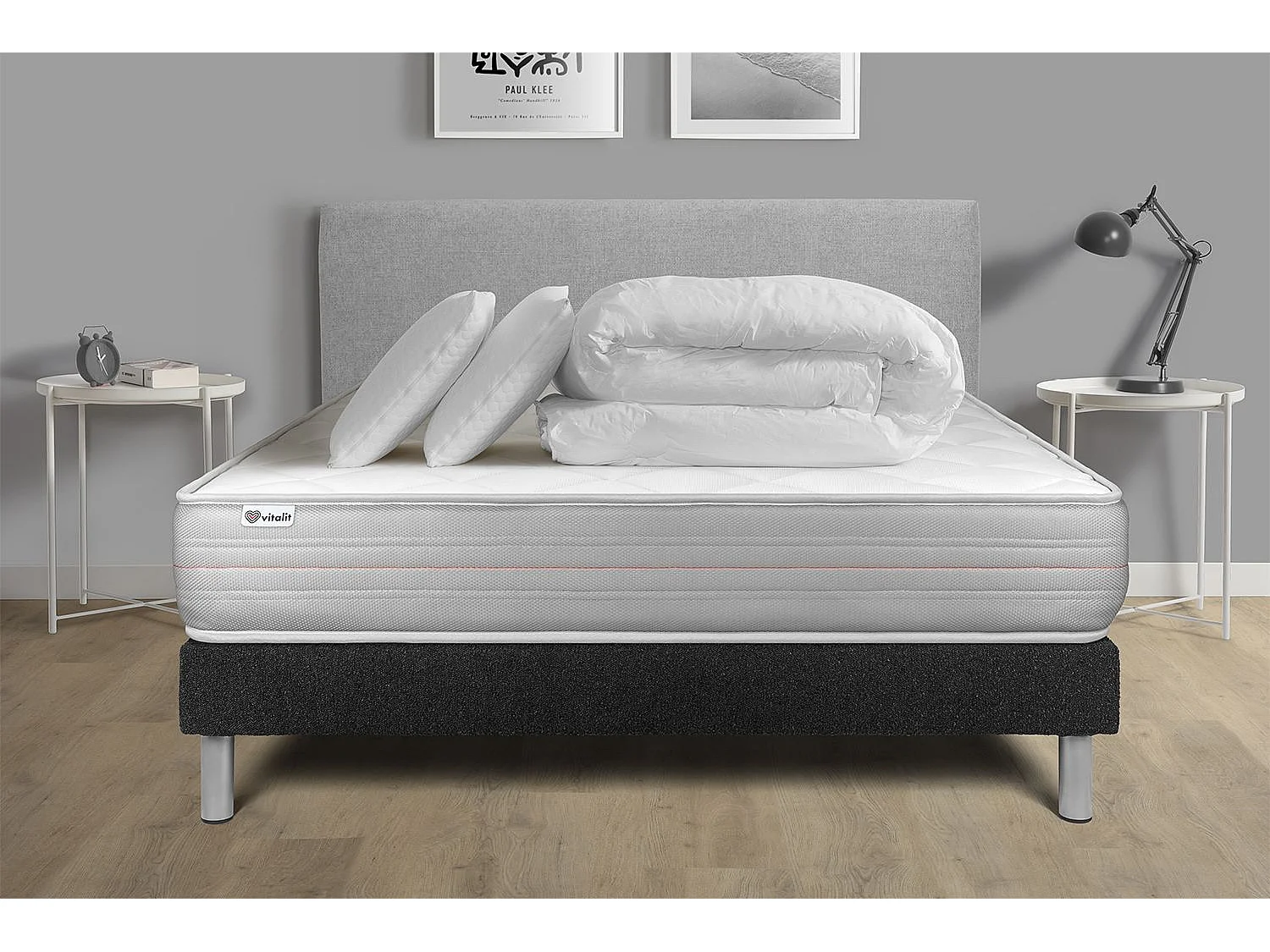 Pack lit complet - Matelas 180x200 cm + Sommier tapissier à lattes (en kit) + 2 oreillers + Couette - Vitalmemo