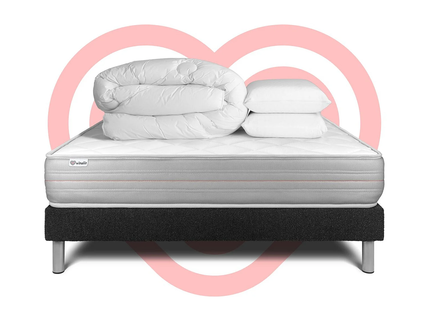 Pack lit complet - Matelas 180x200 cm + Sommier tapissier à lattes (en kit) + 2 oreillers + Couette - Vitalmemo