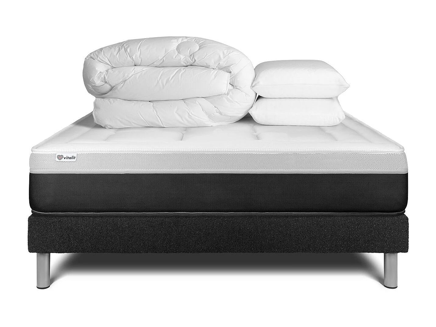Pack lit complet - Matelas 160x200 cm + Sommier tapissier à lattes (en kit) + 2 oreillers + Couette - Vital Form