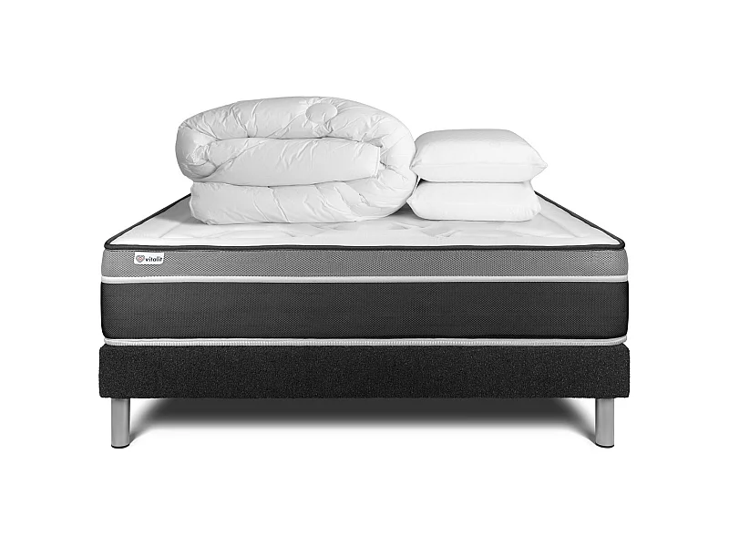 Komplettpaket Bett - Matratze 160x200 cm + Boxspringbett mit Lattenrost (im Set) + 2 Kopfkissen + Bettdecke - Vital Care
